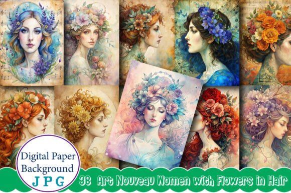 Art Nouveau Women with Flowers in Hair: A Versatile Design Element for Creative Projects