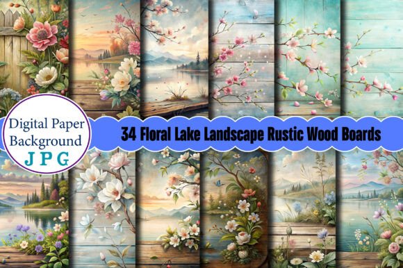 Floral Lake Landscape Rustic Wood Boards