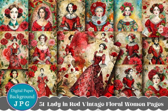 Lady in Red Vintage Floral Women Pages: A Versatile and Charming Creative Resource
