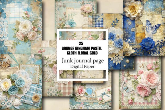 The Grunge Gingham Pastel Cloth Floral Gold Digital Bundle