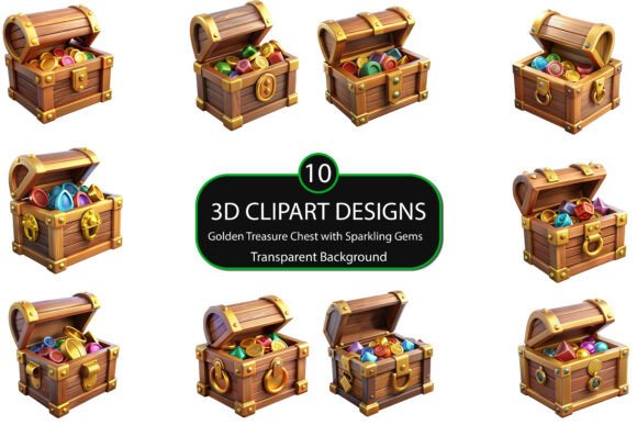 Unlock Creativity with the Golden Treasure Chest with Sparkling Gem 3D Clipart Bundle